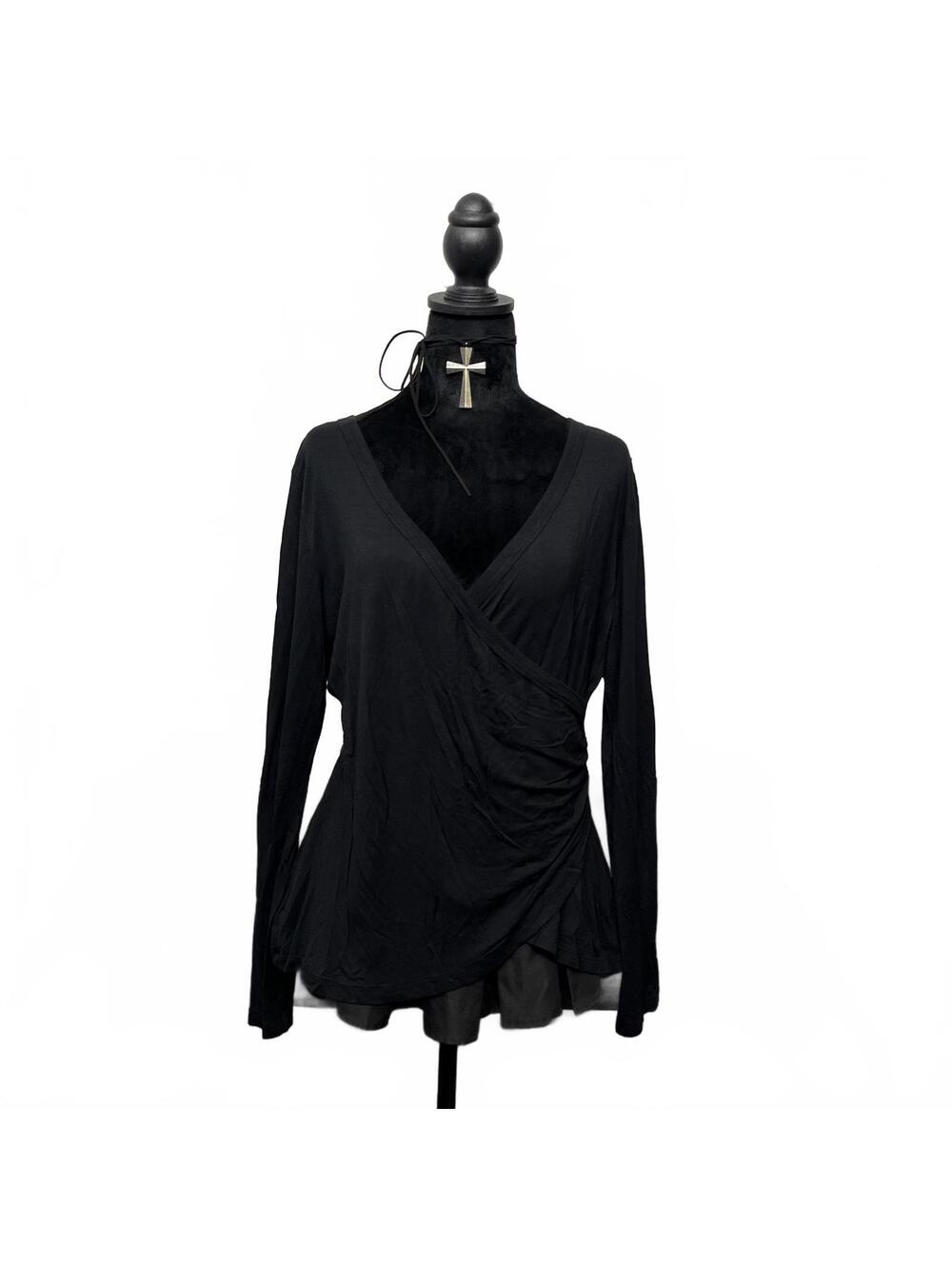 AN Sport Sz L/XL Black Faux Wrap Deep V Neck Long Sleeve Top 2000s Grunge Goth